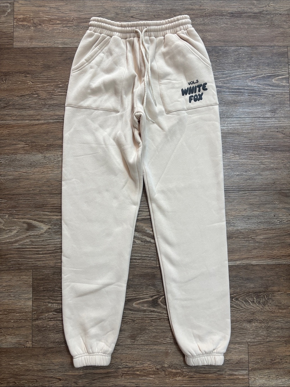 White Fox Black Logo on Cream Beige Sweatpants Women's Size XS